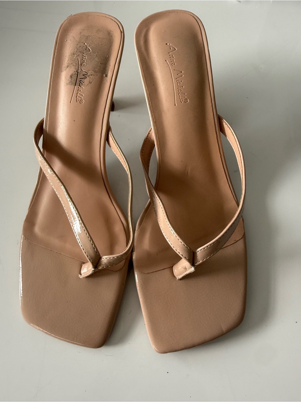 MARINA Patent Nude Square-Toe Thong Heels